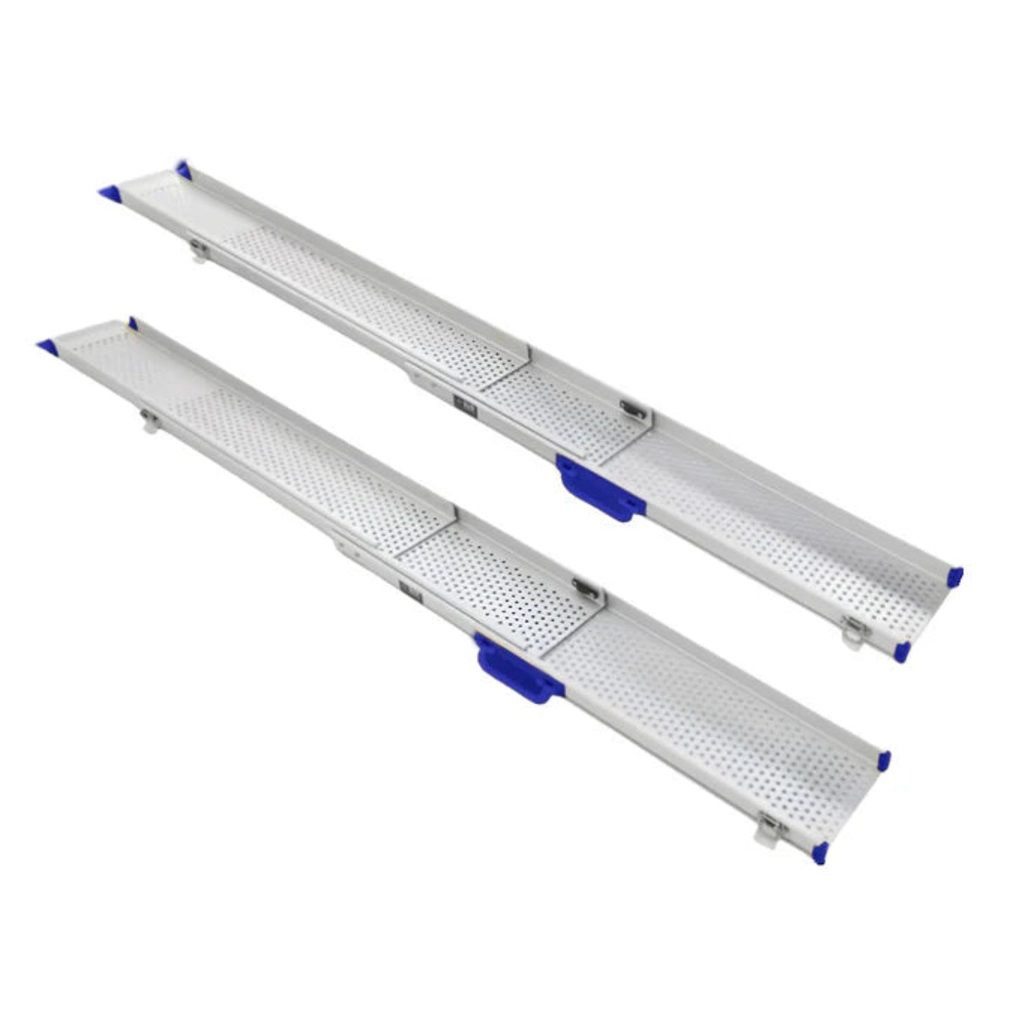 Two metal ramps with blue feet on a white background