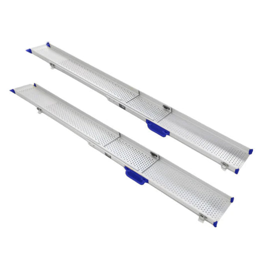 Two metal ramps with blue feet on a white background